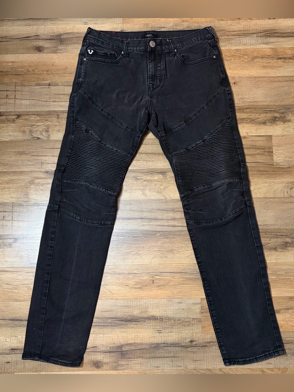 True Religion Black Slim Straight Moto-Detail Jeans